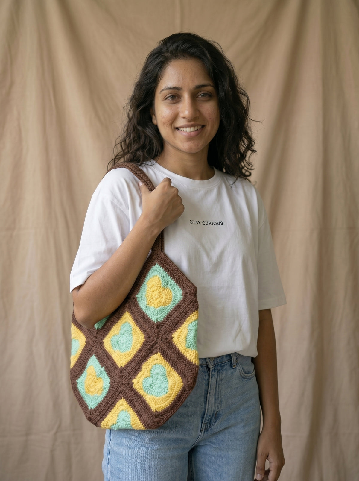 Golden Heart Granny Square Crochet Shoulder Bag