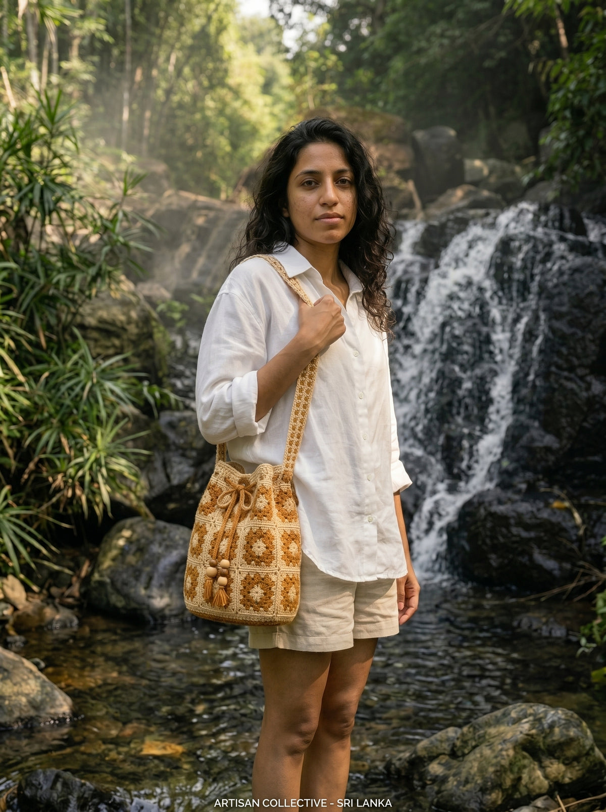 Golden Meadow Granny Square Drawstring Crochet Backpack