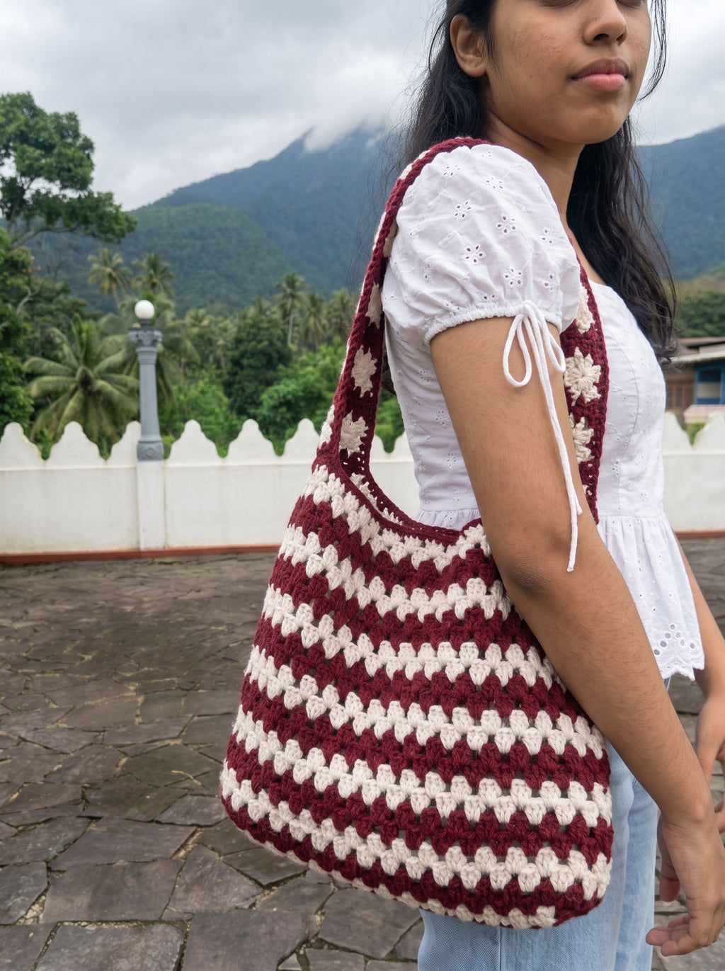 Burgundy & Cream Blossom Crochet Shoulder Bag