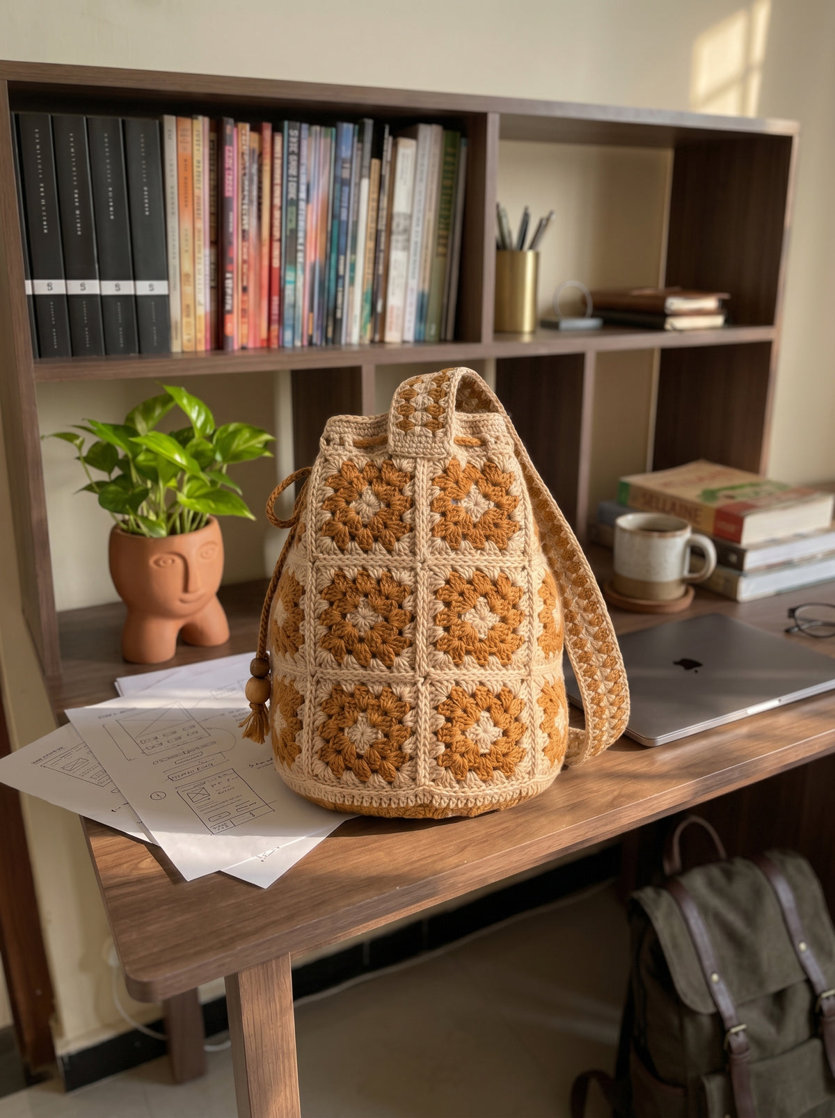 Golden Meadow Granny Square Drawstring Crochet Backpack