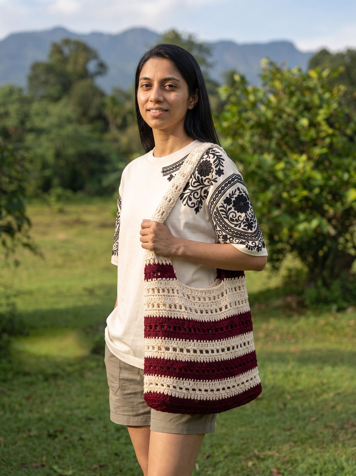 Burgundy & Cream Heritage Stripe Crochet Tote Bag