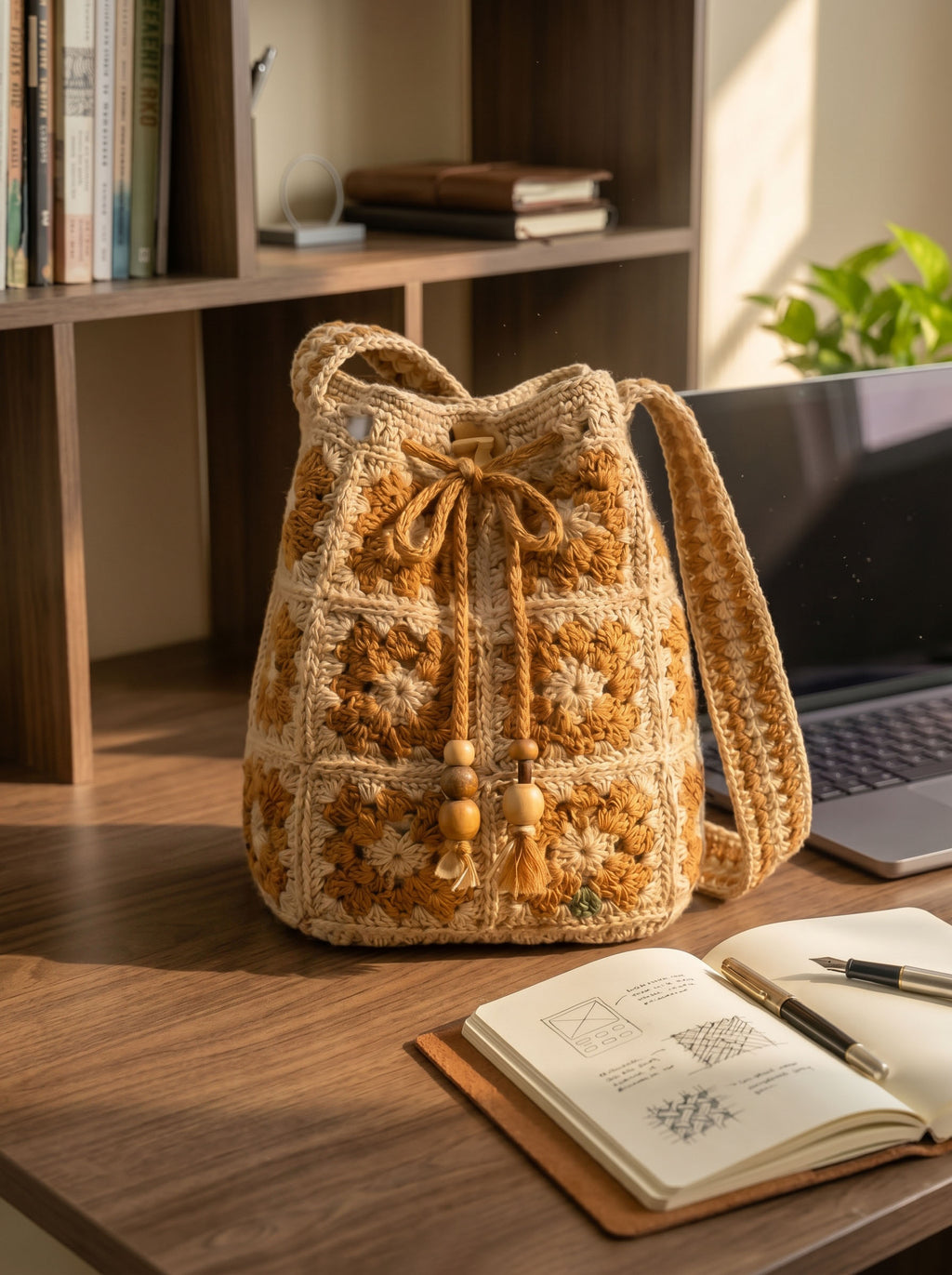 Golden Meadow Granny Square Drawstring Crochet Backpack