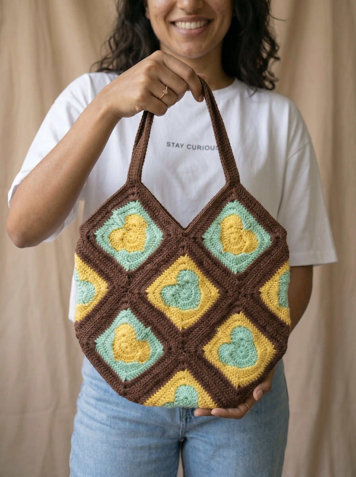 Golden Heart Granny Square Crochet Shoulder Bag