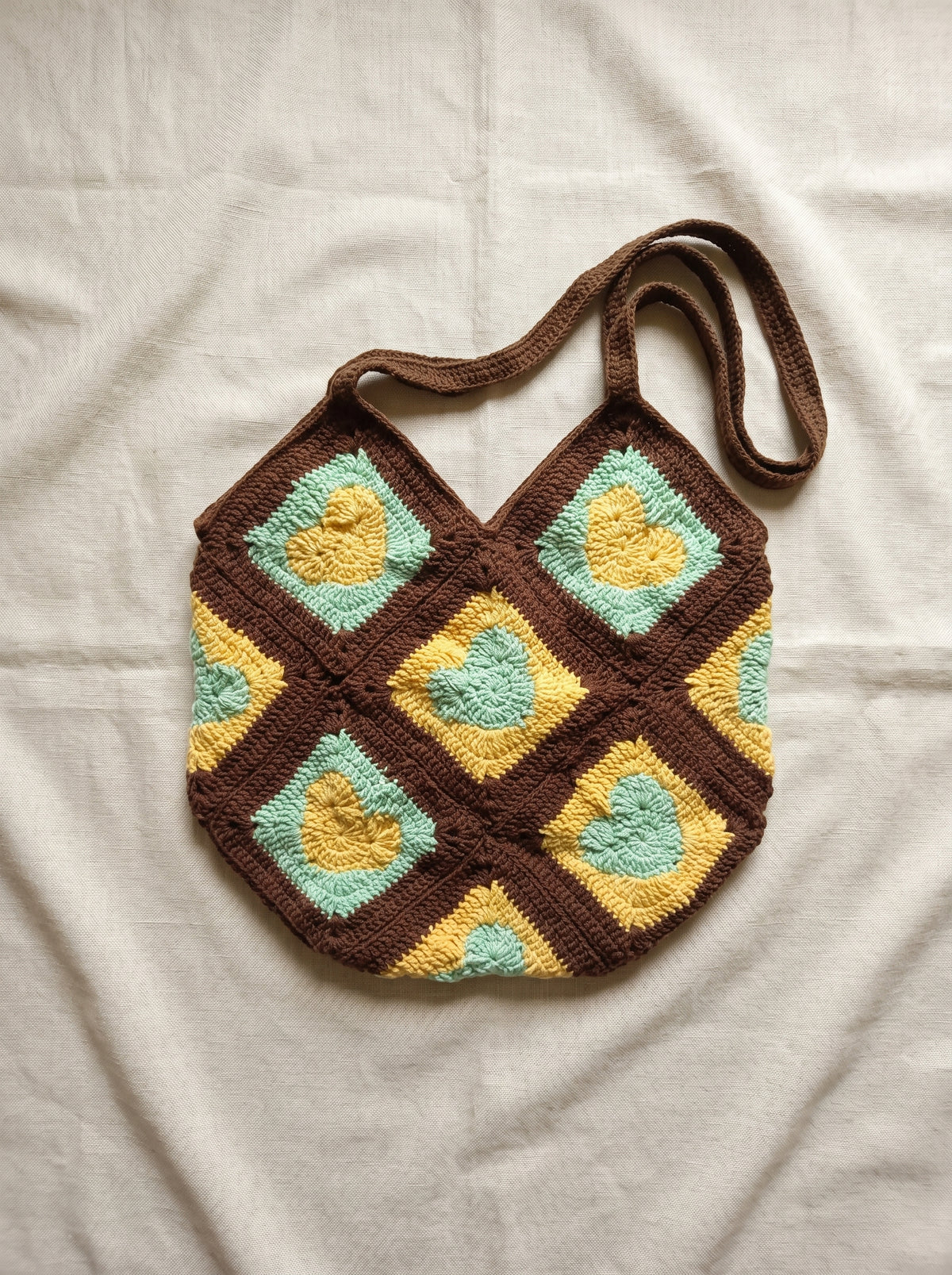 Golden Heart Granny Square Crochet Shoulder Bag