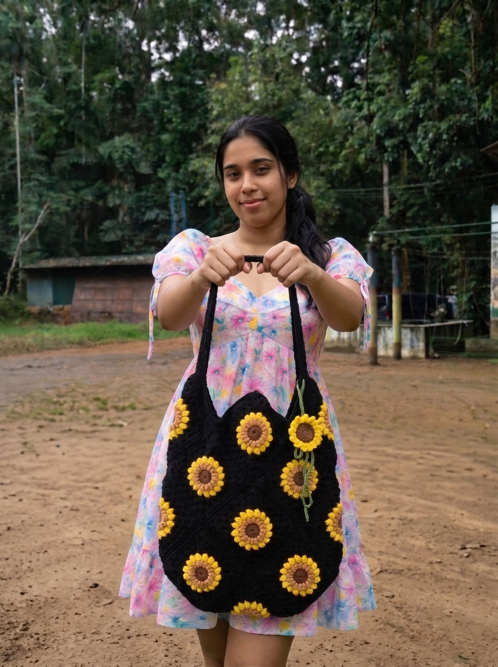 Midnight Sunflower Crochet Tote Bag