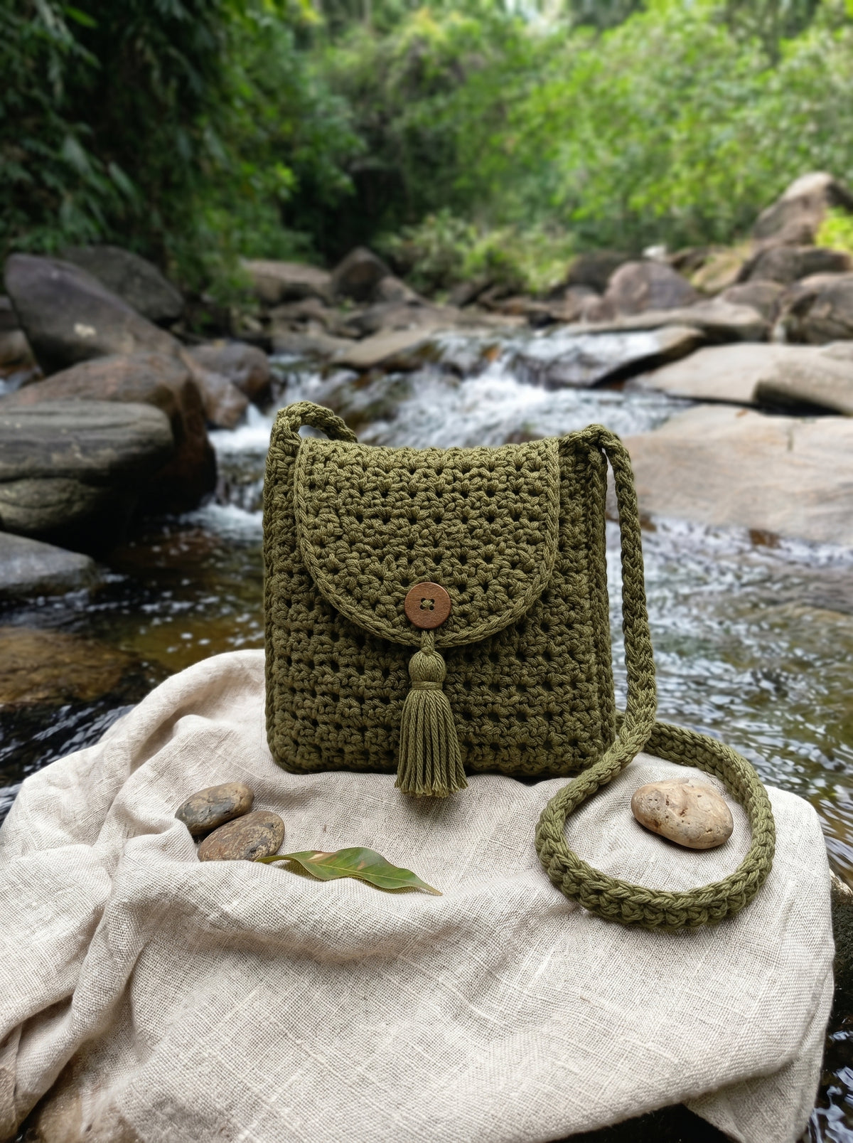 Forest Olive Crochet Crossbody Bag