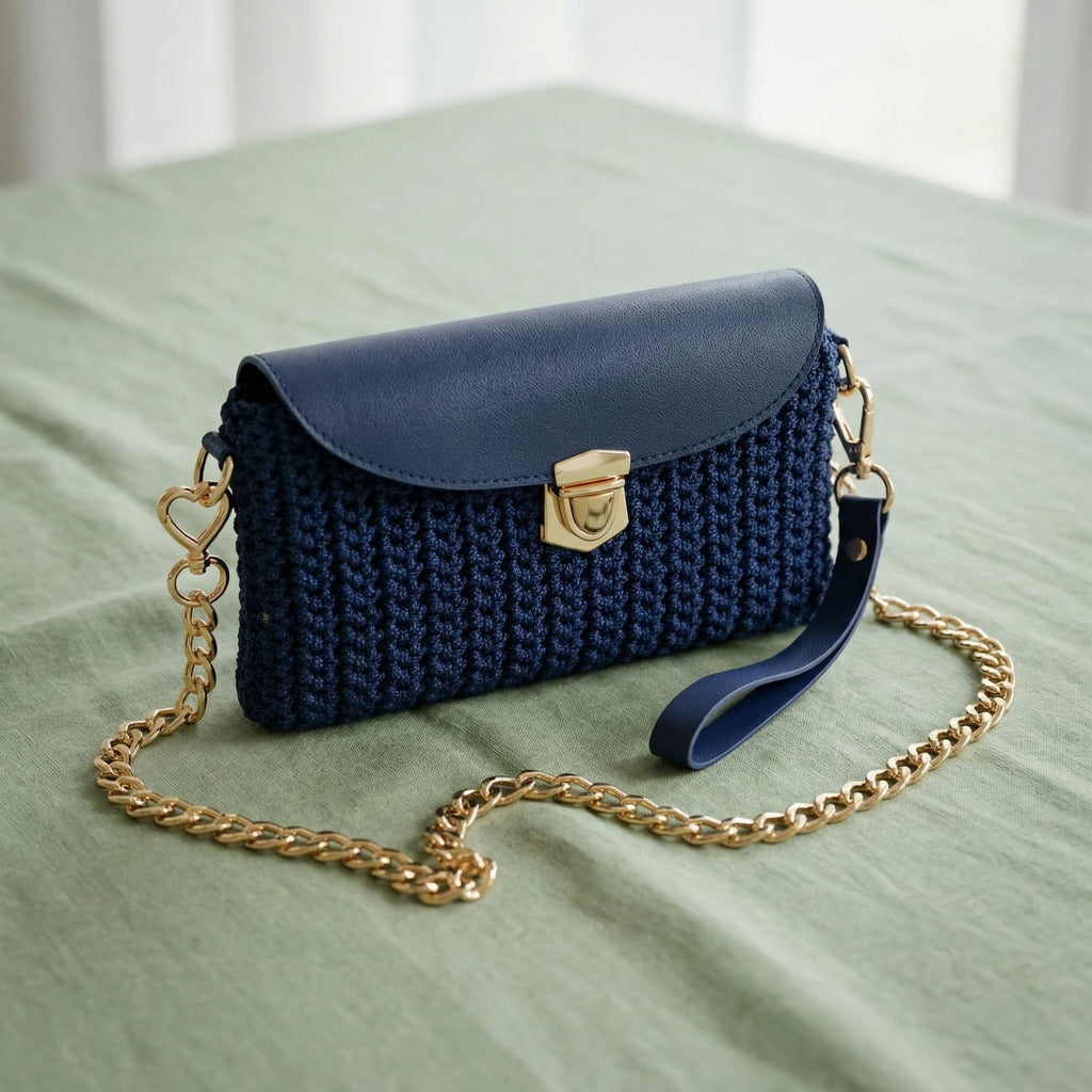 Knitted Elegance Crossbody Bag – Handmade Navy Blue Shoulder Bag