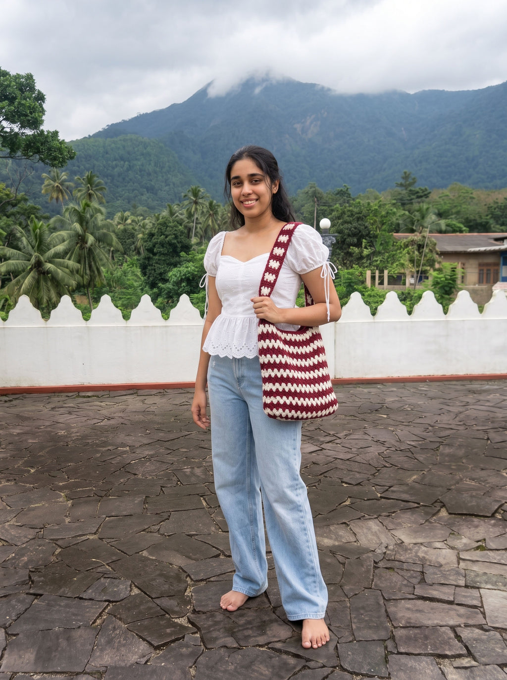Burgundy & Cream Blossom Crochet Shoulder Bag