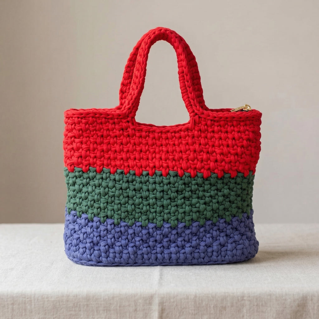 Chunky Crochet Tote Bag – Handmade Color Block Design