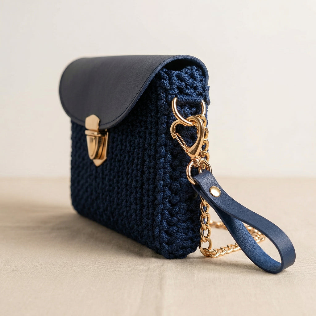 Knitted Elegance Crossbody Bag – Handmade Navy Blue Shoulder Bag