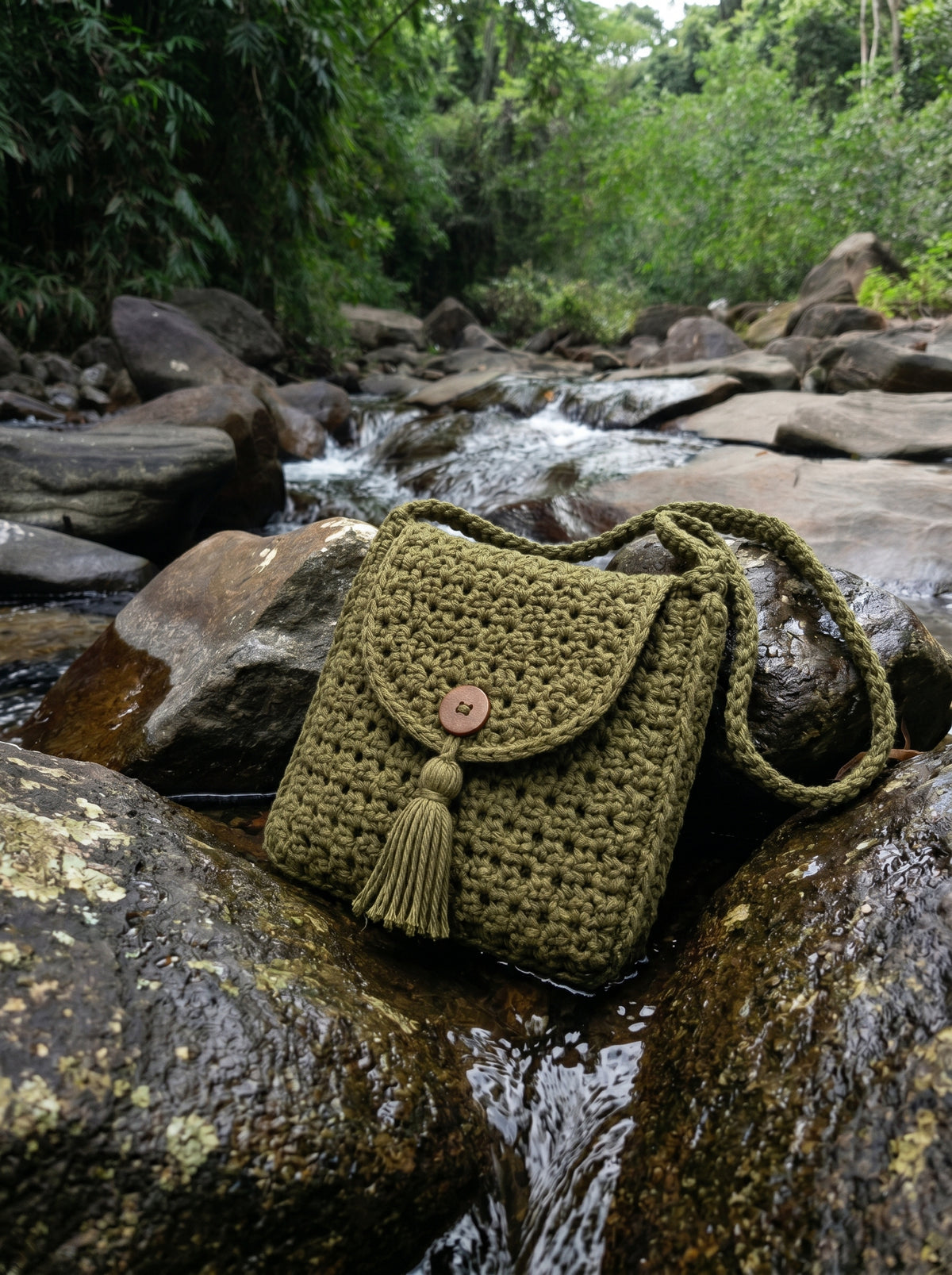 Forest Olive Crochet Crossbody Bag