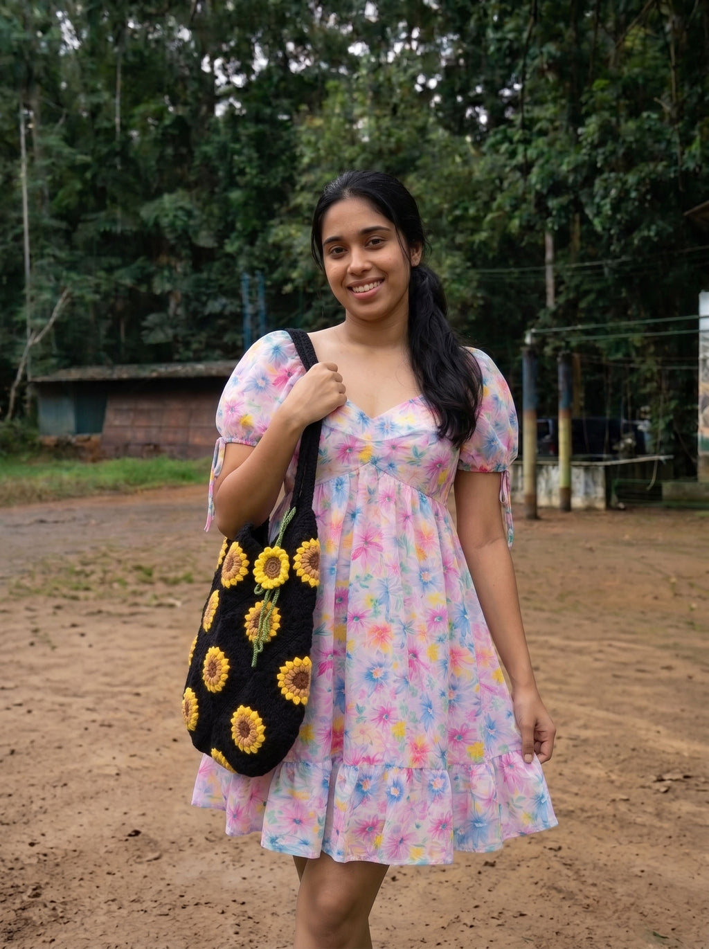 Midnight Sunflower Crochet Tote Bag