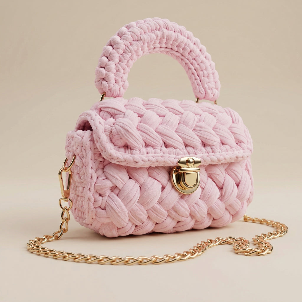 Pink Braided Crochet Bag – Elegant Handmade Shoulder Bag