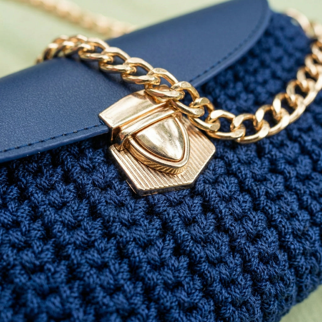 Knitted Elegance Crossbody Bag – Handmade Navy Blue Shoulder Bag