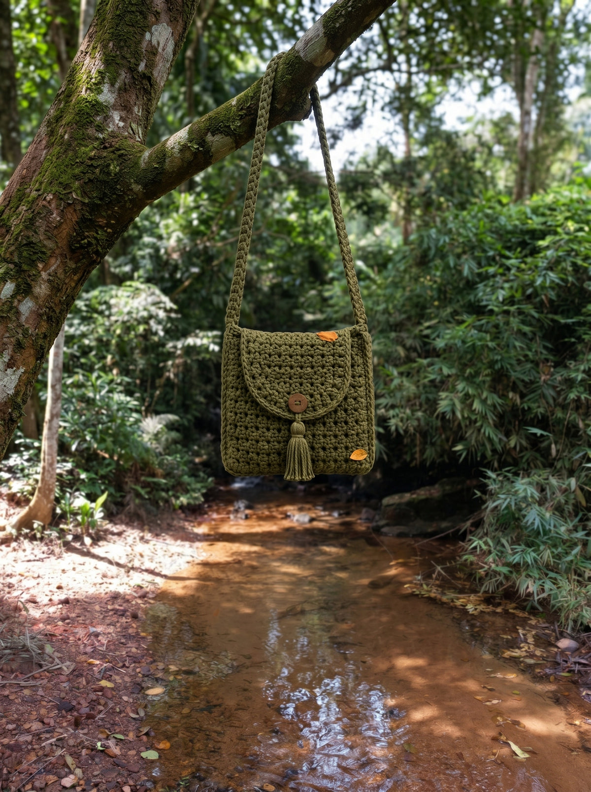 Forest Olive Crochet Crossbody Bag