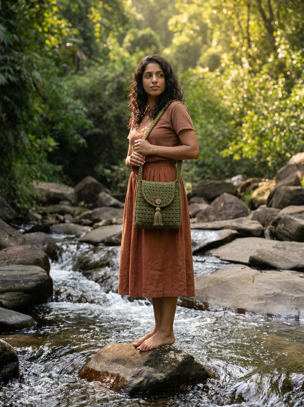 Forest Olive Crochet Crossbody Bag